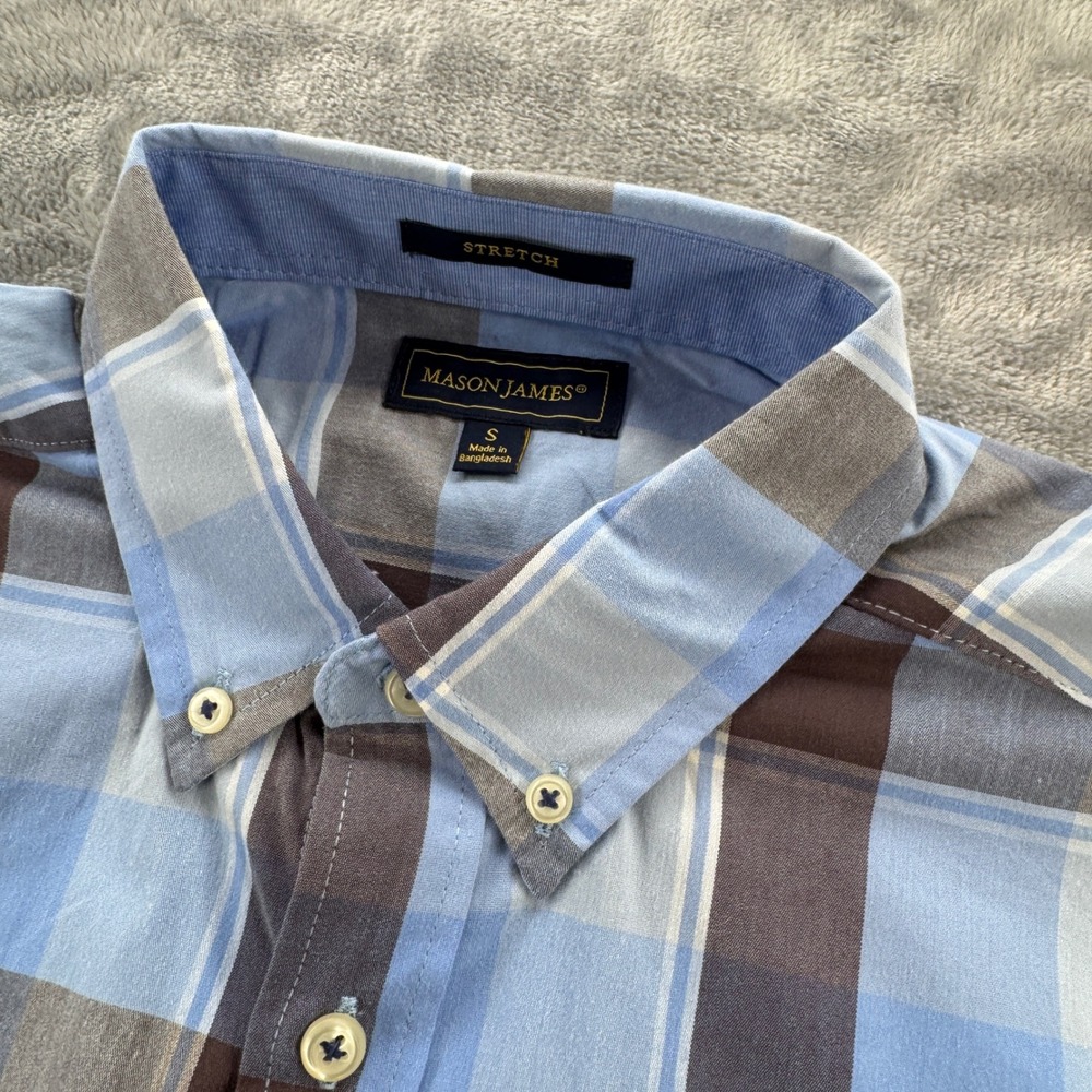 Mason James Mens Small Blue Brown Plaid Short Sleeve Stretch Button Down Shirt - Picture 5 of 9